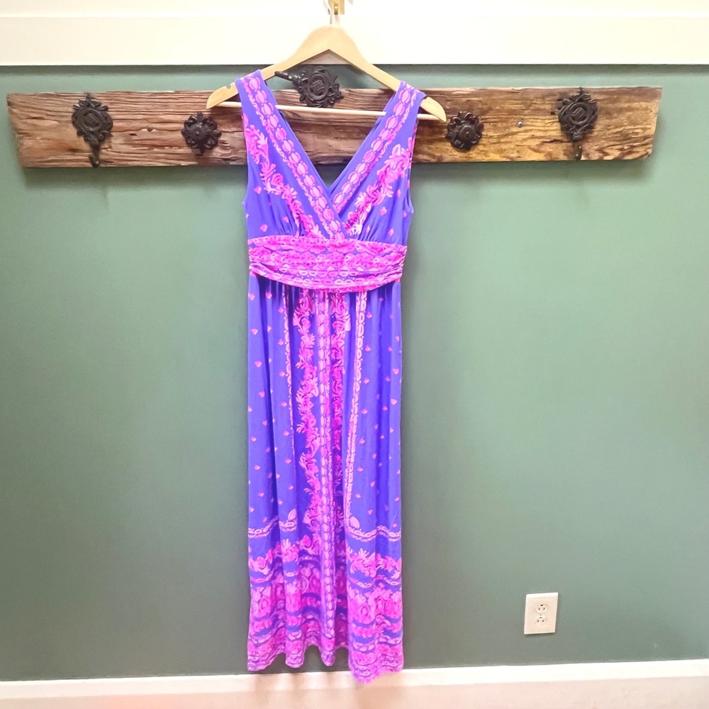 Lilly Pulitzer Purple Pink Floral Paisley V-Neck Empire Waist Maxi Dress Small
